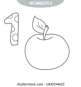 Educational game - Learning numbers. Number one. Coloring book for preschool children. One apple