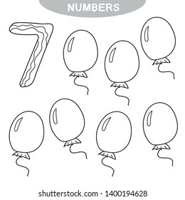 Educational game - Learning numbers. Number seven. Coloring book for preschool children. Seven balloons