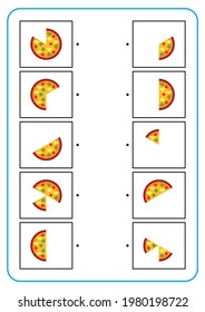 Educational game making connecting lines. Learning and logical thinking for kids. Simple vector worksheet for finding the correct pairs. Flat illustration of EPS 10. The shape of a pizza slice.