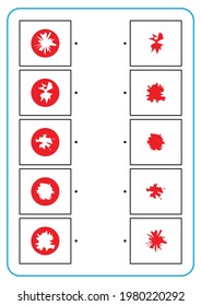 Pädagogisches Spielen mit Verbindungsleitungen. Lernen und logisches Denken für Kinder. Einfache Vektor-Arbeitsblatt zum Suchen der richtigen Paare. Flache Abbildung von EPS10. Kreise und abstrakte Formen.