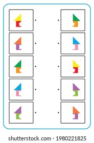 Educational game making connecting lines. Learning and logical thinking for kids. Simple vector worksheet for finding the correct pairs. Flat illustration of EPS 10. Colorful house shape.