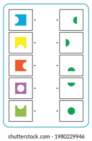 Educational game making connecting lines. Learning and logical thinking for kids. Simple vector worksheet for finding the correct pairs. Flat illustration of EPS 10. Incomplete colorful square shape.