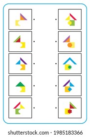 Educational game making connecting lines. Learning and logical thinking for kids. Simple vector worksheet for finding the correct pairs. Flat illustration of EPS 10. Colorful house shape.