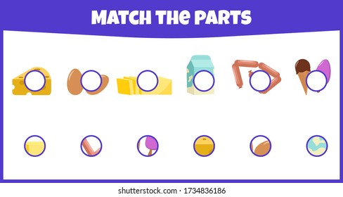 Educational game. Match the parts. Match parts of dishes. Worksheet for education. Mini-game for children.