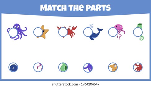 Educational game. Match the parts. Match parts of sea ​​creatures. Worksheet for education. Mini-game for children.