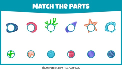 Educational game. Match the parts. Match parts of seashells. Worksheet for education. Mini-game for children.