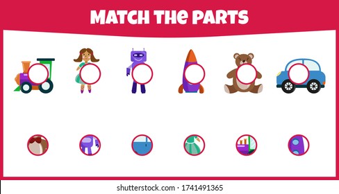 Educational game. Match the parts. Match parts of toys. Worksheet for education. Mini-game for children.