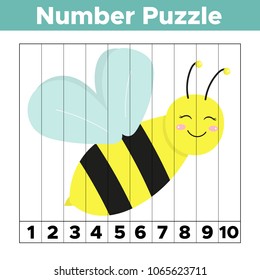 Educational game mathematic puzzle for children. Learn numbers from 1 to 10. Cartoon bee. Vector illustration