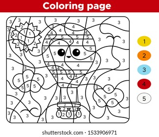 Educational game - number coloring page. Activity worksheet for preschool children. Kawai hot air balloon. Learn numbers and transportation.