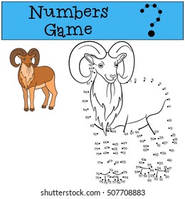Educational game: Numbers game. Beautiful urial with big horns stands and smiles.