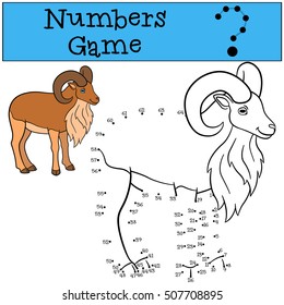 Educational game: Numbers game. Beautiful urial with great horns stands and smiles.