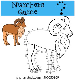 Educational game: Numbers game with contour. Beautiful urial with great horns stands and smiles.