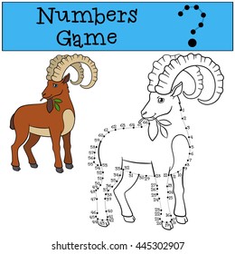 Educational game: Numbers game with contour. Cute ibex stands and smiles.