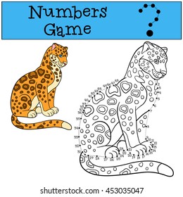 Educational game: Numbers game with contour. Cute spotted jaguar sits and smiles.