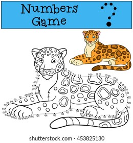 Educational game: Numbers game with contour. Cute spotted jaguar lays and smiles.