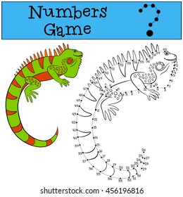 Educational game: Numbers game with contour. Cute green iguana sits and smiles.