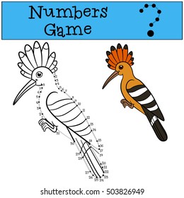 Educational game: Numbers game with contour. Cute beautiful hoopoe sits and smiles.