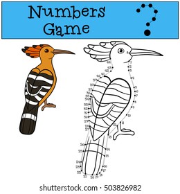 Educational game: Numbers game with contour. Cute beautiful hoopoe sits and smiles.