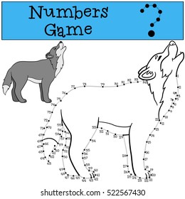 Educational game: Numbers game with contour. Cute beautiful wolf stands and howls.