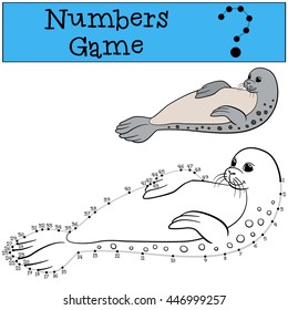 Educational game: Numbers game with contour. Little cute fur seal smiles.