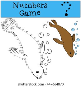 Educational game: Numbers game with contour. Little cute fur seal swims and smiles.