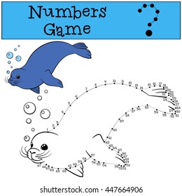Educational game: Numbers game with contour. Little cute fur seal swims and smiles.
