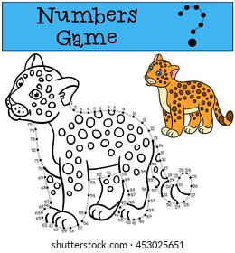 Educational game: Numbers game with contour. Little cute baby jaguar smiles.