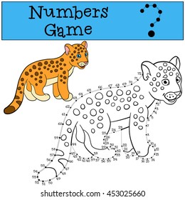 Educational game: Numbers game with contour. Little cute baby jaguar smiles.