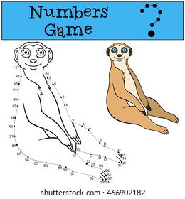 Educational game: Numbers game with contour. Little cute meerkat sits and smiles.