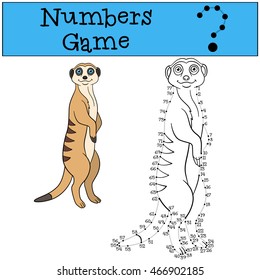 Educational game: Numbers game with contour. Little cute meerkat stands and smiles.
