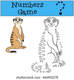 Educational game: Numbers game with contour. Little cute meerkat stands and smiles.