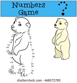 Educational game: Numbers game with contour. Little cute baby polar bear smiles.