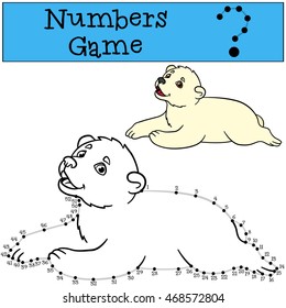 Educational game: Numbers game with contour. Little cute baby polar bear smiles.