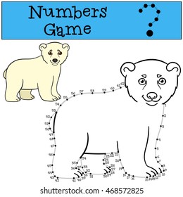 Educational game: Numbers game with contour. Little cute baby polar bear smiles.