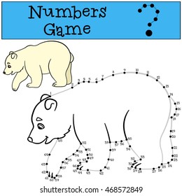 Educational game: Numbers game with contour. Little cute baby polar bear smiles.