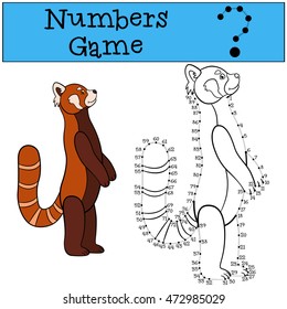 Educational game: Numbers game with contour. Little cute red panda stands and smiles.