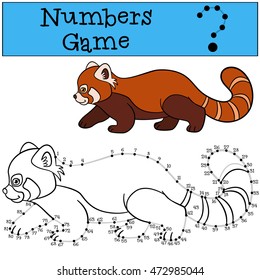 Educational game: Numbers game with contour. Little cute red panda walks and smiles.