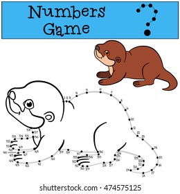 Educational game: Numbers game with contour. Little cute baby otter stands and smiles.