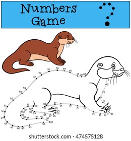 Educational game: Numbers game with contour. Little cute otter stands and smiles.