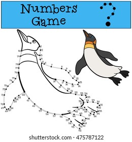 Educational game: Numbers game with contour. Little cute penguin swims and smiles.