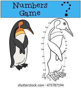 Educational game: Numbers game with contour. Little cute penguin stands and smiles.