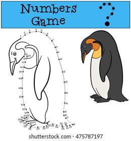 Educational game: Numbers game with contour. Little cute penguin stands and smiles.