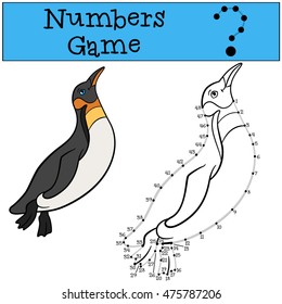 Educational game: Numbers game with contour. Little cute penguin swims and smiles.