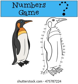 Educational game: Numbers game with contour. Little cute penguin stands and smiles.