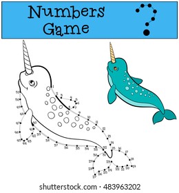 Educational game: Numbers game with contour. Little cute narwhal swims and smiles.