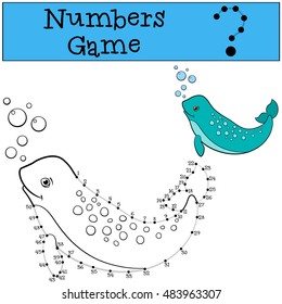 Educational game: Numbers game with contour. Little cute lady narwhal swims and smiles.