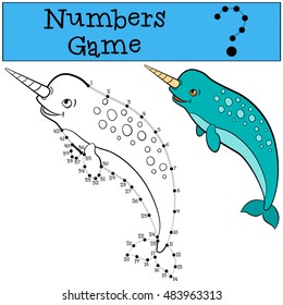 Educational game: Numbers game with contour. Little cute narwhal swims and smiles.