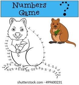 Educational game: Numbers game with contour. Little cute quokka holds the leaf in the hands.