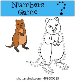 Educational game: Numbers game with contour. Little cute quokka stands and smiles.