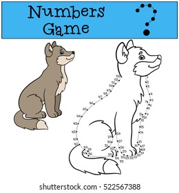 Educational game: Numbers game with contour. Little cute baby wolf sits and smiles.